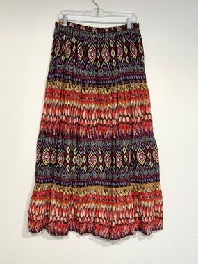 100% Cotton Boho Multicolor Tribal Print Maxi Skirt Size Large Biographie Brand